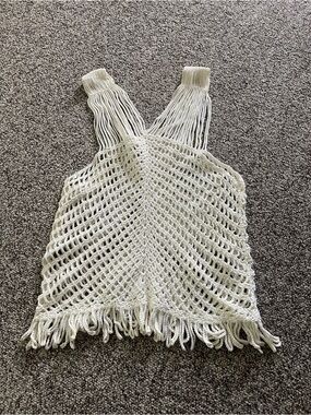 Coachella Boho Handmade Crochet Fringe Hem White Sweater Sleeveless Top Vest XS